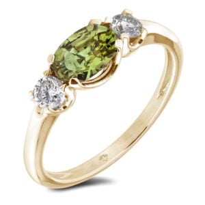 Madagascar Non Heated Green Sapphire and De Beers Forevermark Diamond Three Stone Ring in 18K Yellow Gold