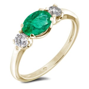 Oval Shaped 0.81 Carat Emerald and Canadian Diamond Three Stone Ring in Yellow Gold