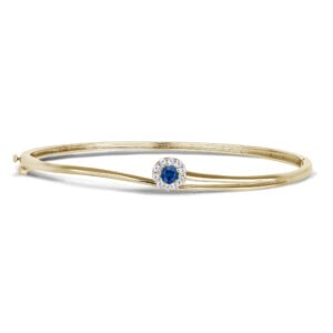 Ceylon Sapphire and Canadian Diamond Halo Bangle Bracelet in Yellow Gold