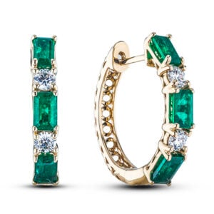 Emerald Cut Emeralds and Canadian Diamond Hoop Earrings In Yellow Gold