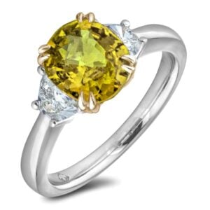 Tanzania Origin Non-Heated Green Yellow Sapphire and De Beers Forevermark Diamond Trilogy Ring in 18K Gold