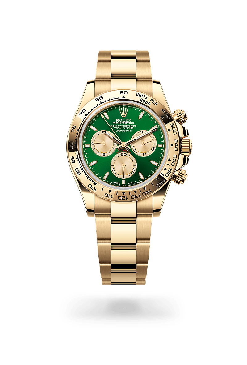 Rolex Cosmograph Daytona in 18 ct yellow gold with Bright green and golden dial, Fixed, with engraved tachymetric scale, in 18 ct yellow gold bezel, and 18 ct yellow gold bracelet