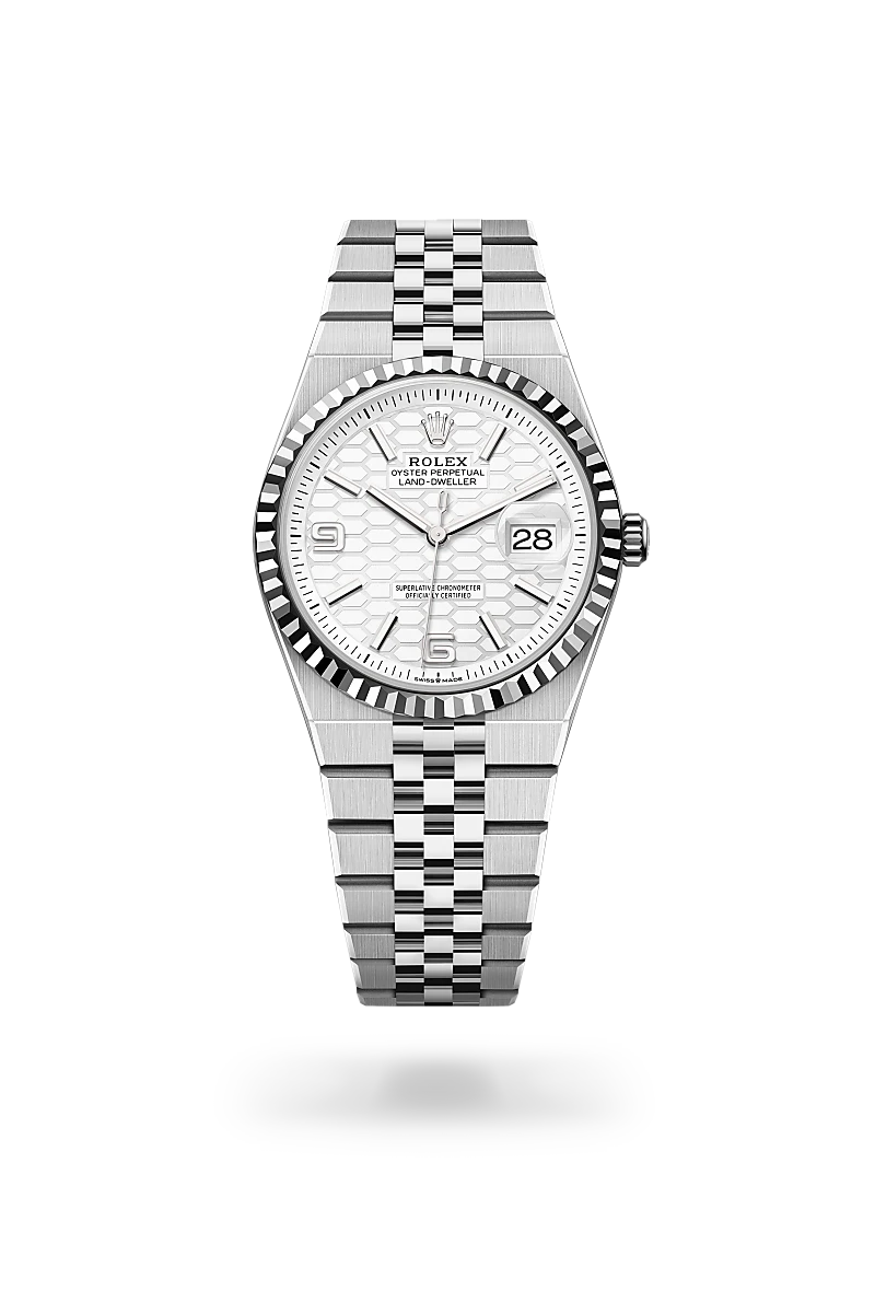 Rolex Land-Dweller 36 in White Rolesor - combination of Oystersteel and white gold with Intense white, honeycomb motif dial, Fluted bezel, and Oystersteel bracelet