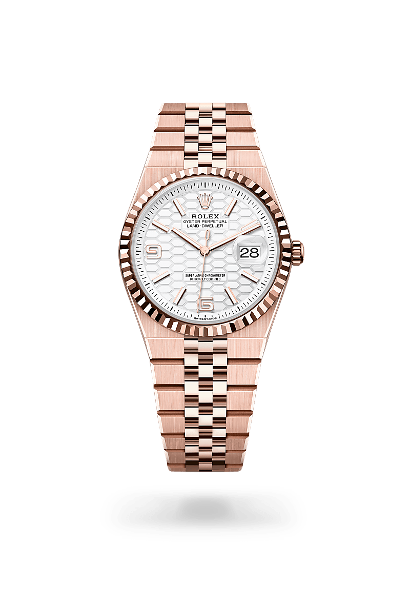 Rolex Land-Dweller 36 in 18 ct Everose gold with Intense white, honeycomb motif dial, Fluted bezel, and 18 ct Everose gold bracelet