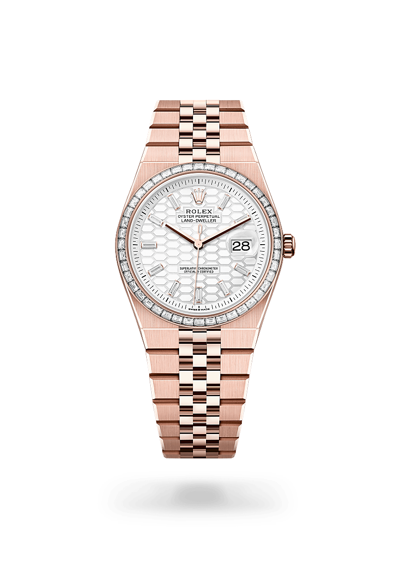 Rolex Land-Dweller 36 in 18 ct Everose gold with Intense white, honeycomb motif set with diamonds dial, Set with diamonds bezel, and 18 ct Everose gold bracelet
