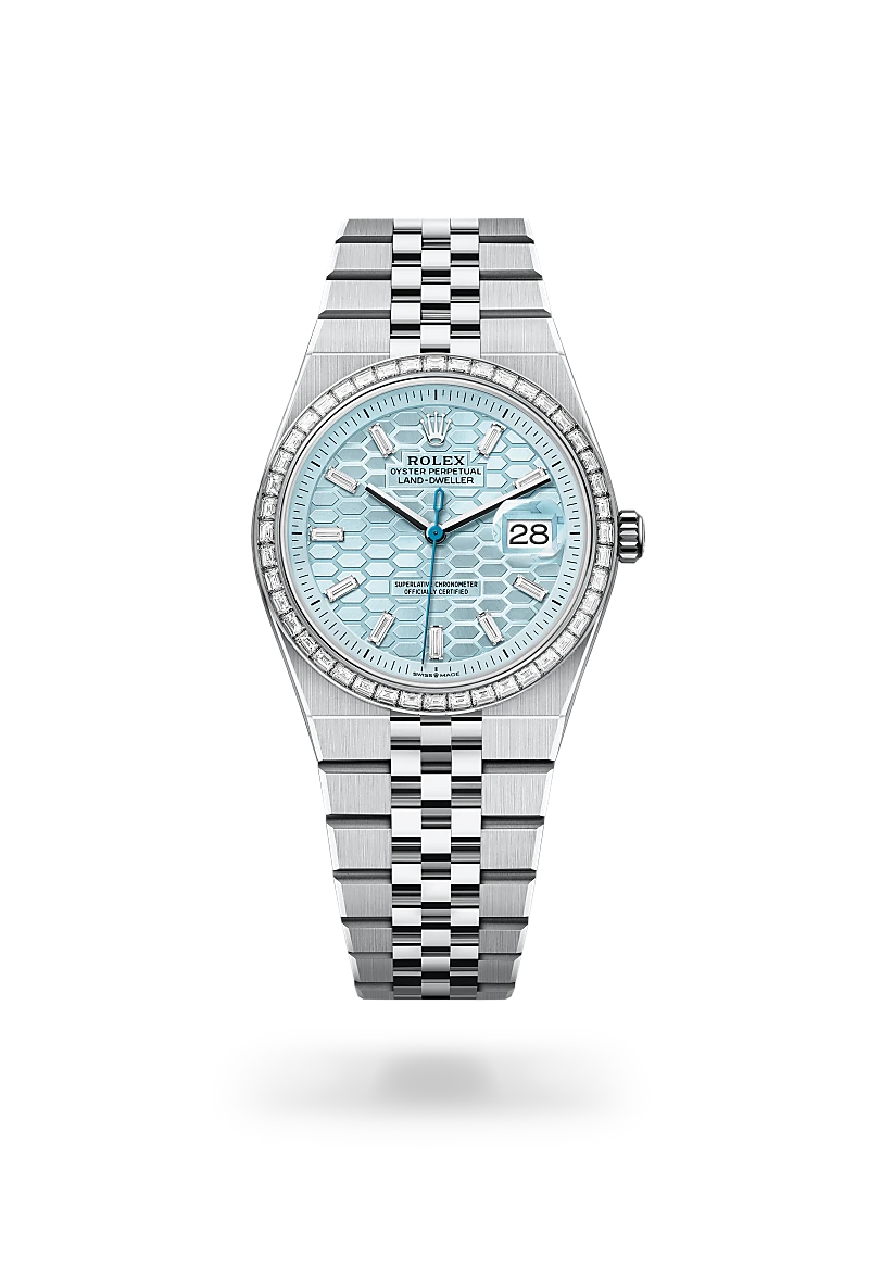 Rolex Land-Dweller 36 in Platinum with Ice blue, honeycomb motif set with diamonds dial, Set with diamonds bezel, and Platinum bracelet