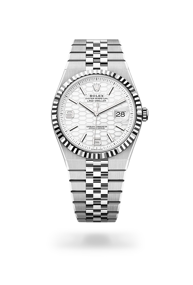 Rolex Land-Dweller 40 in White Rolesor - combination of Oystersteel and white gold with Intense white, honeycomb motif dial, Fluted bezel, and Oystersteel bracelet