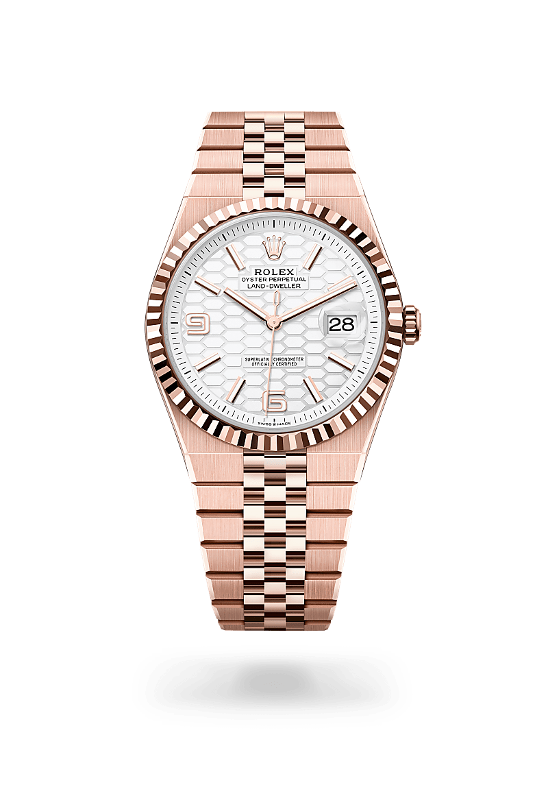 Rolex Land-Dweller 40 in 18 ct Everose gold with Intense white, honeycomb motif dial, Fluted bezel, and 18 ct Everose gold bracelet