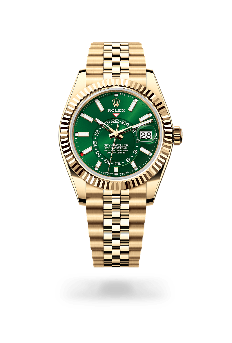 Rolex Sky-Dweller in 18 ct yellow gold with Bright green dial, Fluted, bidirectional rotatable Rolex Ring Command bezel, and 18 ct yellow gold bracelet