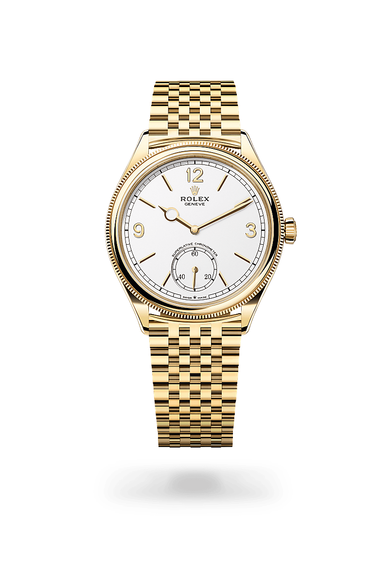 Rolex 1908 in 18 ct yellow gold with Intense white dial, Domed and fluted bezel, and 18 ct yellow gold bracelet