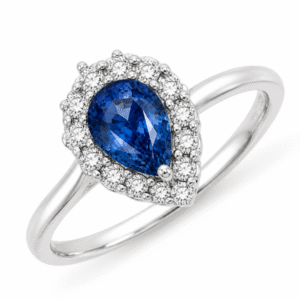 Non-Heated Tanzania Origin Blue Sapphire and De Beers Forevermark Diamond Pear Shape Halo Ring in 14K White Gold