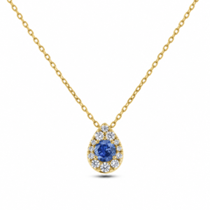 Blue Sapphire and Canadian Diamond Halo Pear Shaped Pendant In Yellow Gold