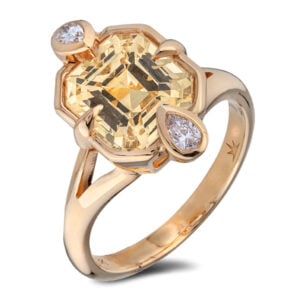 Tanzania Origin Non-Heated Asscher Cut Yellow Sapphire and De Beers Forevermark Diamond Trilogy Style Ring in 18K Yellow Gold