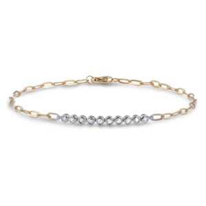 Bezel Set Canadian Diamond Paperclip Chain Bracelet in Yellow and White Gold 0.18 Carat TW