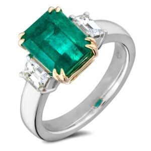 3.43 Carat Emerald and Canadian Diamond Trilogy Ring in 18K Gold