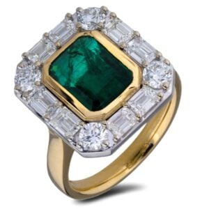 Brazilian Emerald and De Beers Forevermark Diamond Halo Statement Ring in 18K Yellow Gold