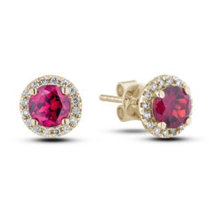 Ruby and Diamond Halo Earrings in 14K Yellow Gold