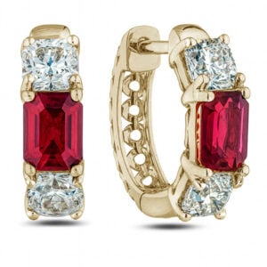 Black Label De Beers Forevermark Ideal Cut Diamond and Thai Ruby Hoop Earrings in 18K Yellow Gold