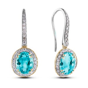 Oval Blue Topaz and Canadian Diamond Hook Dangle Earrings in White and Yellow Gold