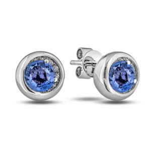 Blue Sapphire and Canadian Diamond Bezel Set Stud Earrings in White Gold