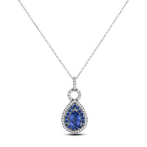 Pear Shaped Ceylon Blue Sapphire and Diamond Halo Pendant In 14K White Gold