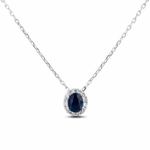 Blue Sapphire and Canadian Diamond Oval Halo Pendant in White Gold