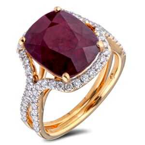 Ruby and Diamond Halo Cocktail Ring in 18K Yellow Gold