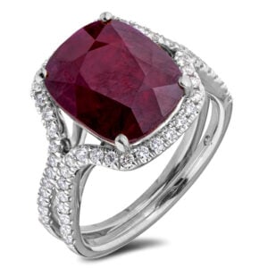 Ruby and Diamond Halo Cocktail Ring in 18K White Gold