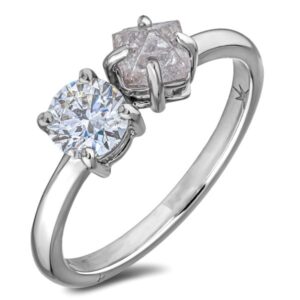 Round Brilliant Cut De Beers Forevermark and Canadian Rough Diamond You & Me Ring in 18K White Gold