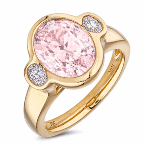 Madagascar Non Heated Padparadscha Color Sapphire and De Beers Forevermark Diamond Three Stone Ring in 18K Yellow Gold