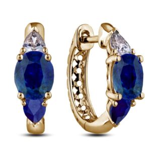 Australian Sapphire and Pear Cut Canadian Diamond Hoop Earrings in Yellow Gold