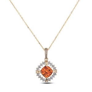 Padparadscha Color Ceylon Sapphire and Canadian Diamond Halo Pendant in Yellow Gold