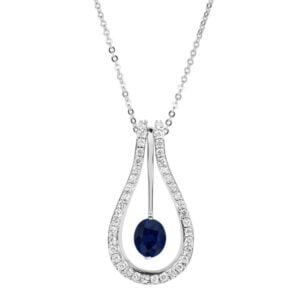 Diamond And Oval Sapphire Halo Dangle Pendant In White Gold