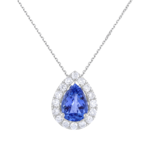 Pear Cut Blue Sapphire & Canadian Diamond Halo Pendant in White Gold