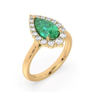 Pear Shaped Brazilian Emerald and De Beers Forevermark Diamond Halo Ring in 18K Yellow Gold