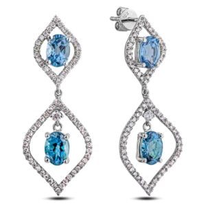 Oval Shape Blue Topaz and Canadian Diamond Dangle Earrings in White Gold