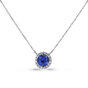 Canadian Diamond Halo Necklace Accent With Blue Sapphire in White Gold