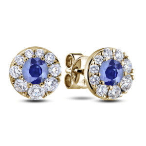 Ceylon Sapphire and Canadian Diamond Halo Stud Earrings in Yellow Gold