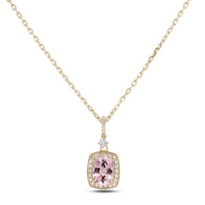 Morganite and Canadian Diamond Halo Pendant in Yellow Gold