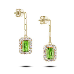 Peridot and Canadian Diamond Paperclip Drop Earrings in Yellow Gold