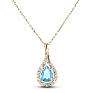 Non Heated African Aquamarine and Canadian Diamond Pear Shaped Halo Pendant in 14K Yellow Gold