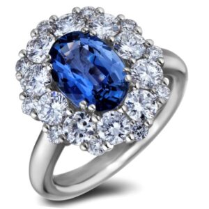 Ceylon Sapphire and De Beers Forevermark Diamond Floral Halo Ring in 18K White Gold