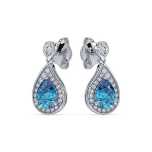 Blue Topaz and Canadian Diamond Halo Drop Earrings in White Gold