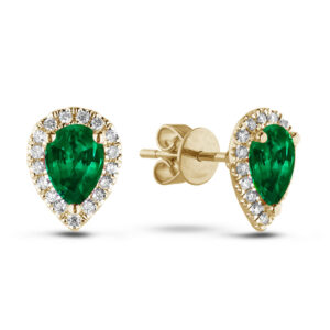 Pear Shape 1.35 Carat TW Emerald and Canadian Diamond Halo Stud Earrings in Yellow Gold