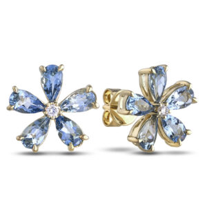 Canadian Diamond And Aquamarine Flower Earrings in Yellow Gold