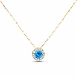 Blue Topaz & Canadian Diamond Halo Pendant in Yellow Gold
