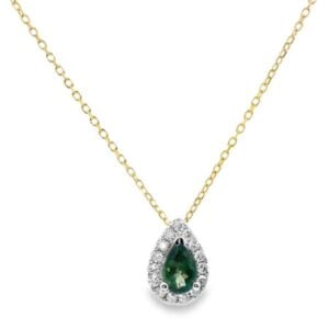 Pear Shaped Alexandrite and Canadian Diamond Halo Pendant In 14K Gold
