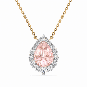 Morganite and Canadian Diamond Halo Necklace in Yellow and White Gold