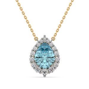 Aquamarine and Canadian Diamond Halo Necklace in Yellow Gold
