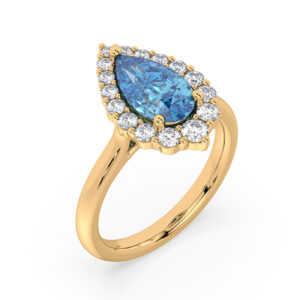 Pear Shaped Aquamarine and Canadian Diamond Halo Ring in Yellow Gold